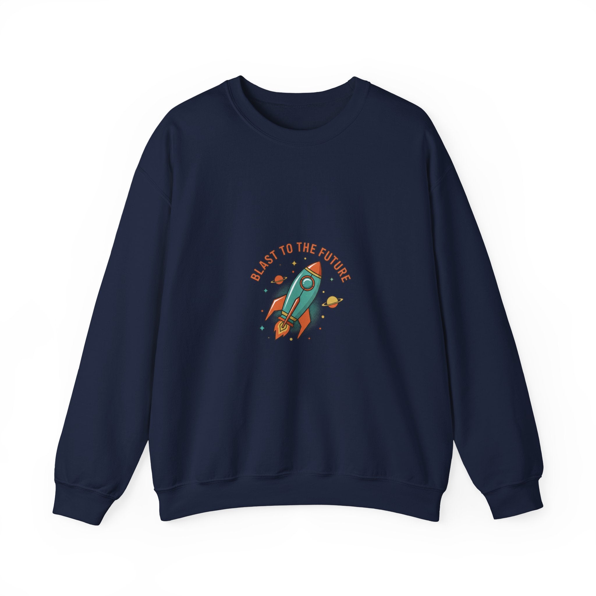 Retro Rocket Graphic Crewneck, mid-century space art, atomic starburst
