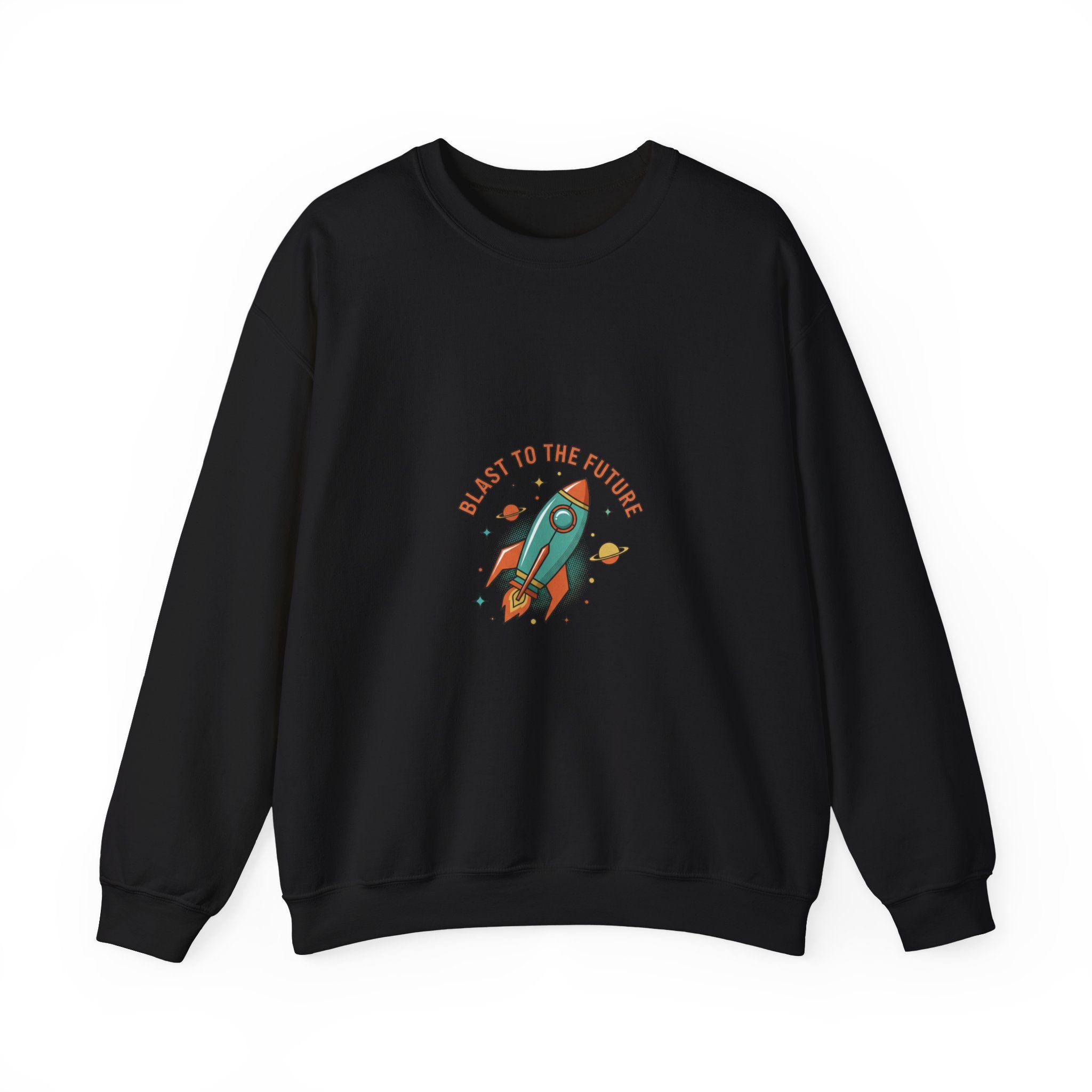 Retro Rocket Graphic Crewneck, mid-century space art, atomic starburst